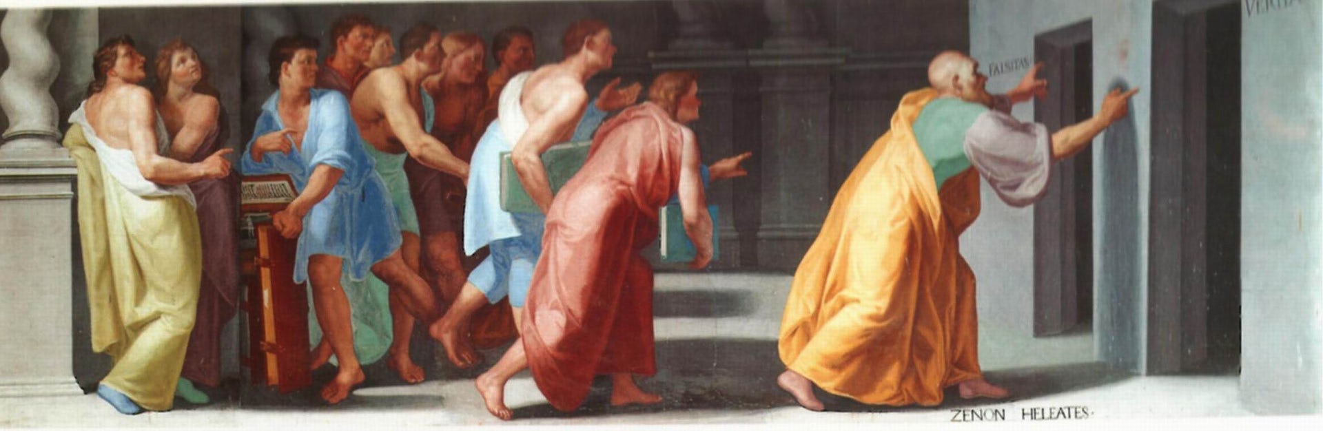 A painting shows a man in robes leading other men in robes.