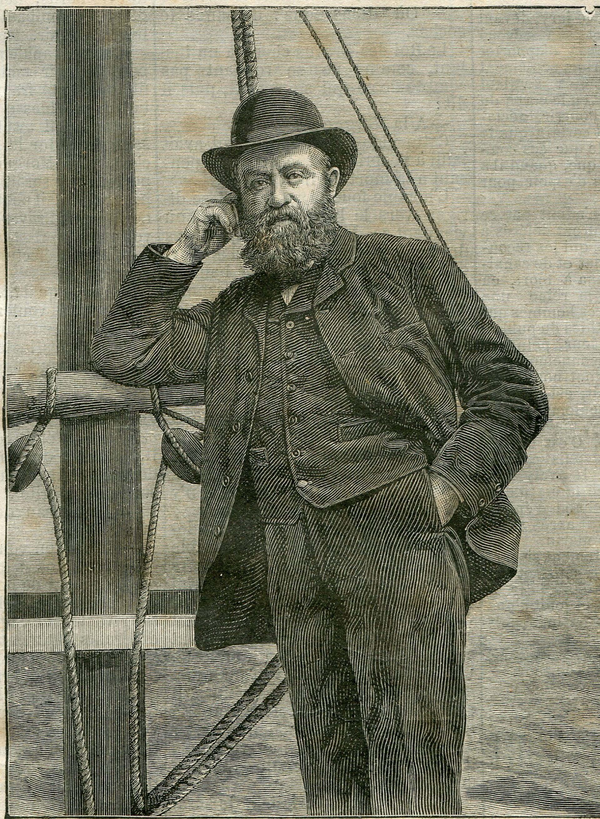 A sketch of a man with a beard on a ship wearing a bowler hat.