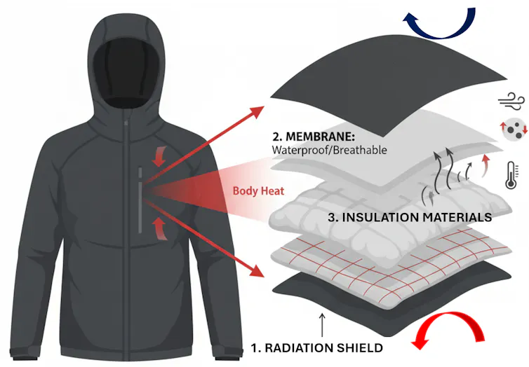 a diagram showing a jacket, with a zoomed in window showing a variety of fabric layers.
