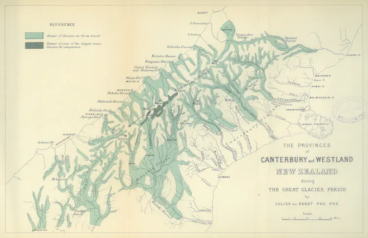 A map created by Haast, showing the maximum past extension of glaciers in the Southern Alps.