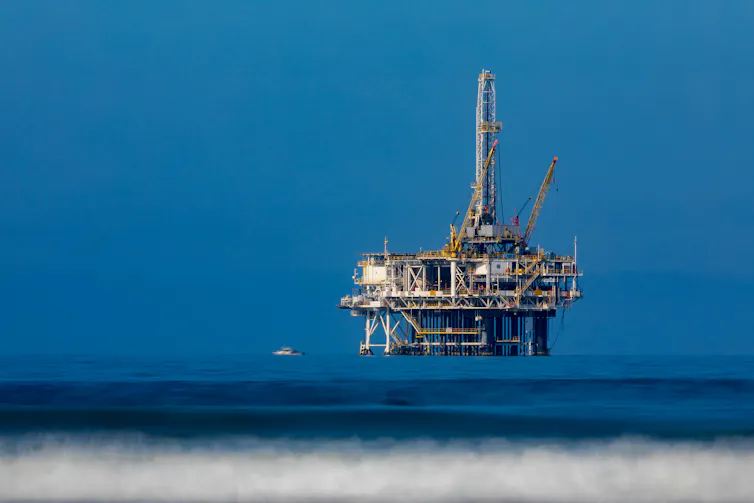 An oil rig at sea.