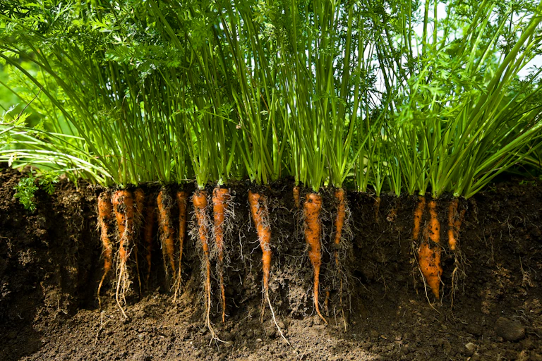 cutaway of carrots growing in rich soil.