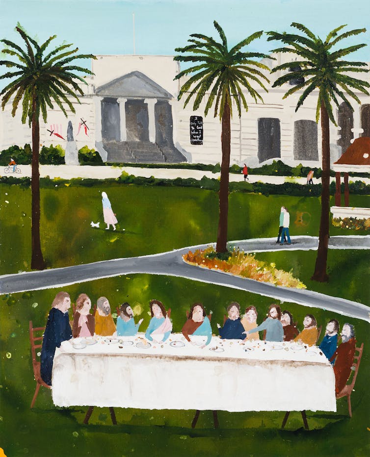 A painting interprets The Last Supper, with the diners set on a field in Geelong, and trees and a building in the back.