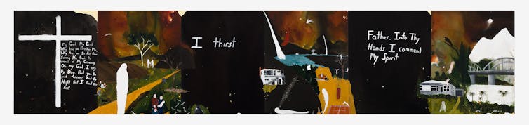 A painted scene has various panels in stark contrasting colours, with the black panels having bold white text.