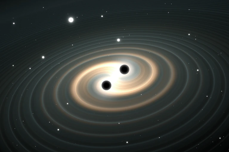 Recreación de dos agujeros negros generando ondas gravitacionales.