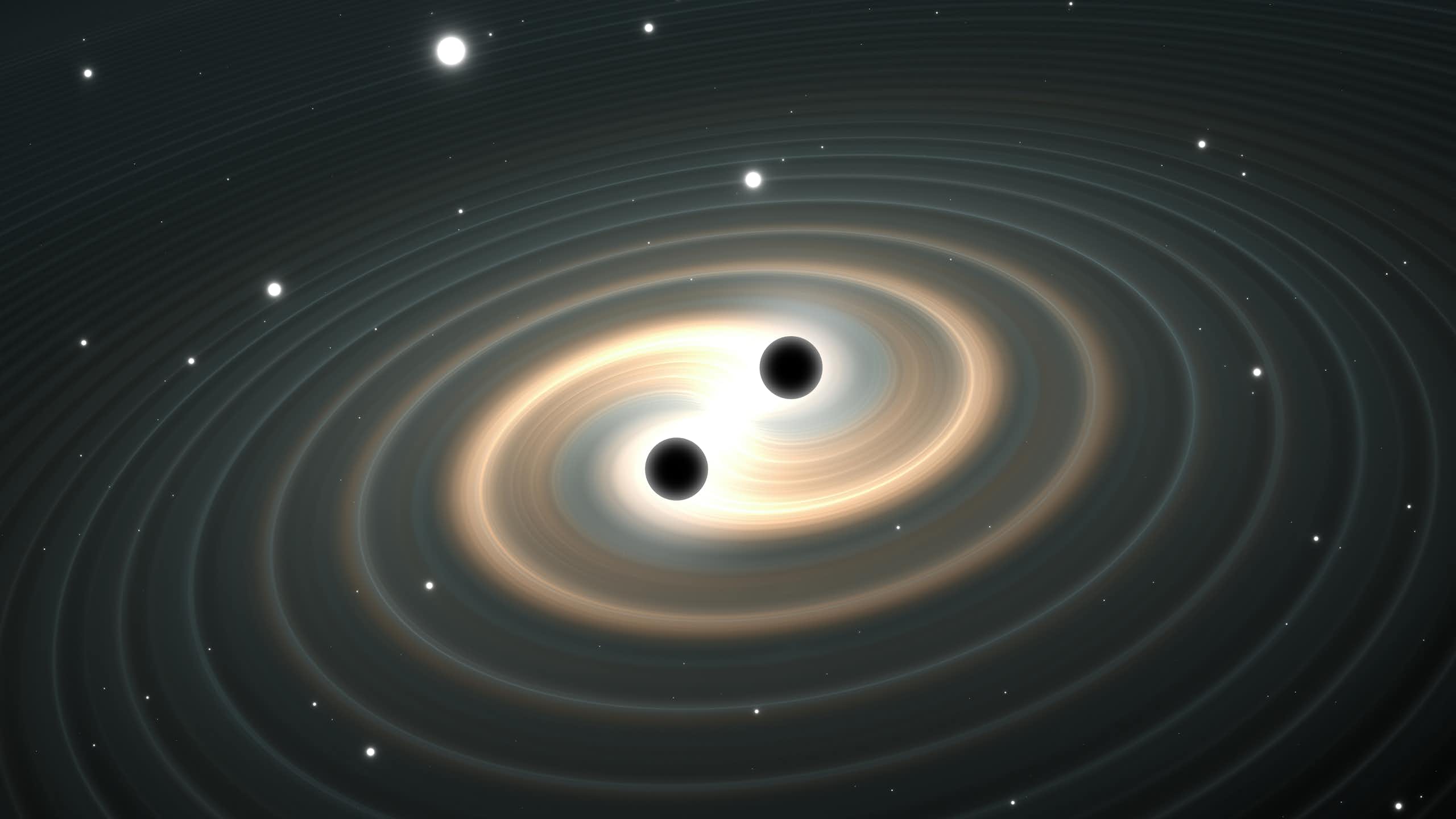 Recreación de dos agujeros negros generando ondas gravitacionales.