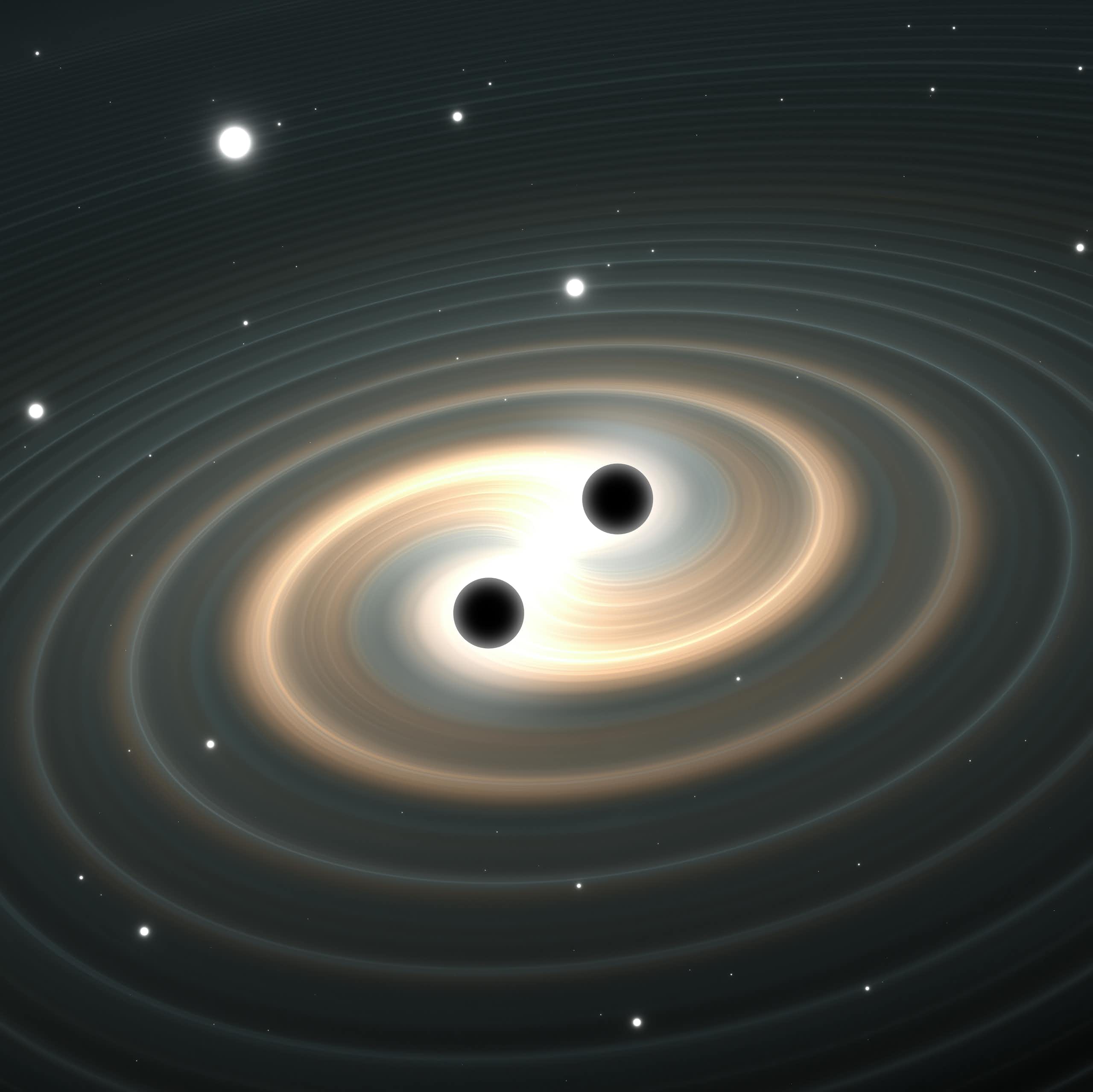 Recreación de dos agujeros negros generando ondas gravitacionales.