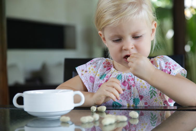 A young girl eats whole peanuts.