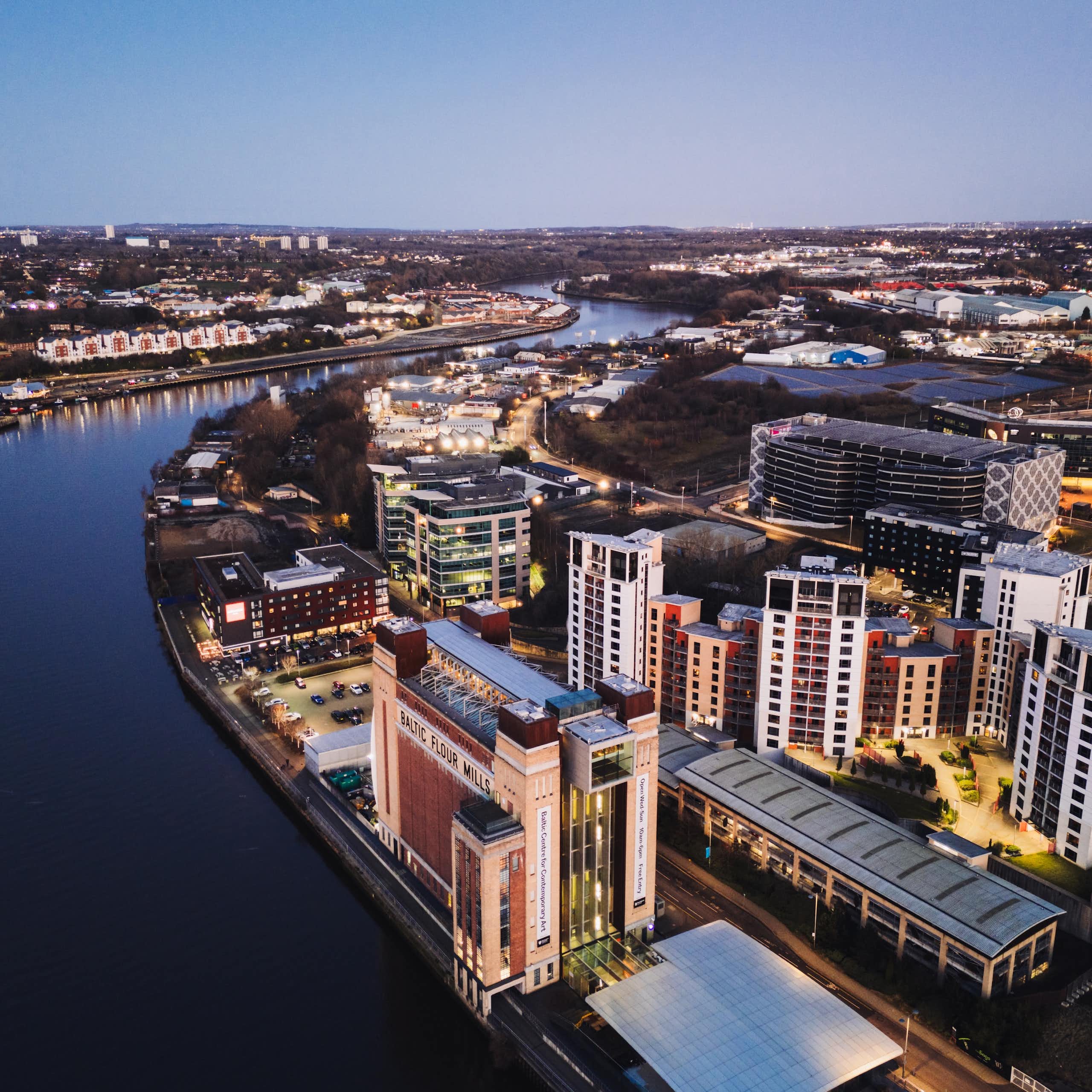 river running past Gateshead town, solar farm visible