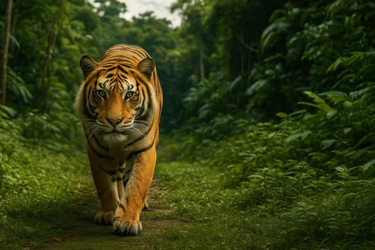 Image numérique d'un lion dans la jungle, qui s'approche de l'objectif.