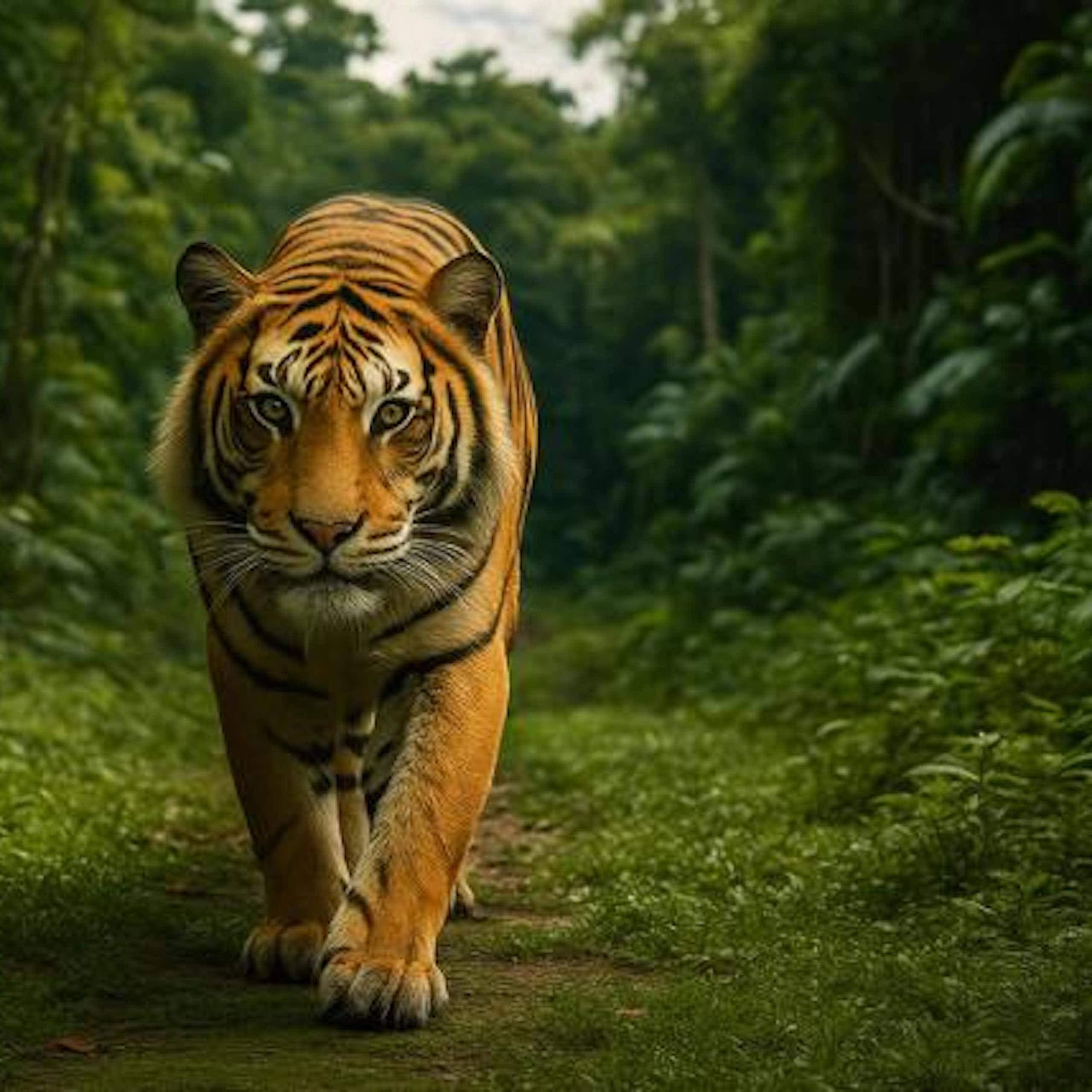 Image numérique d'un lion dans la jungle, qui s'approche de l'objectif.