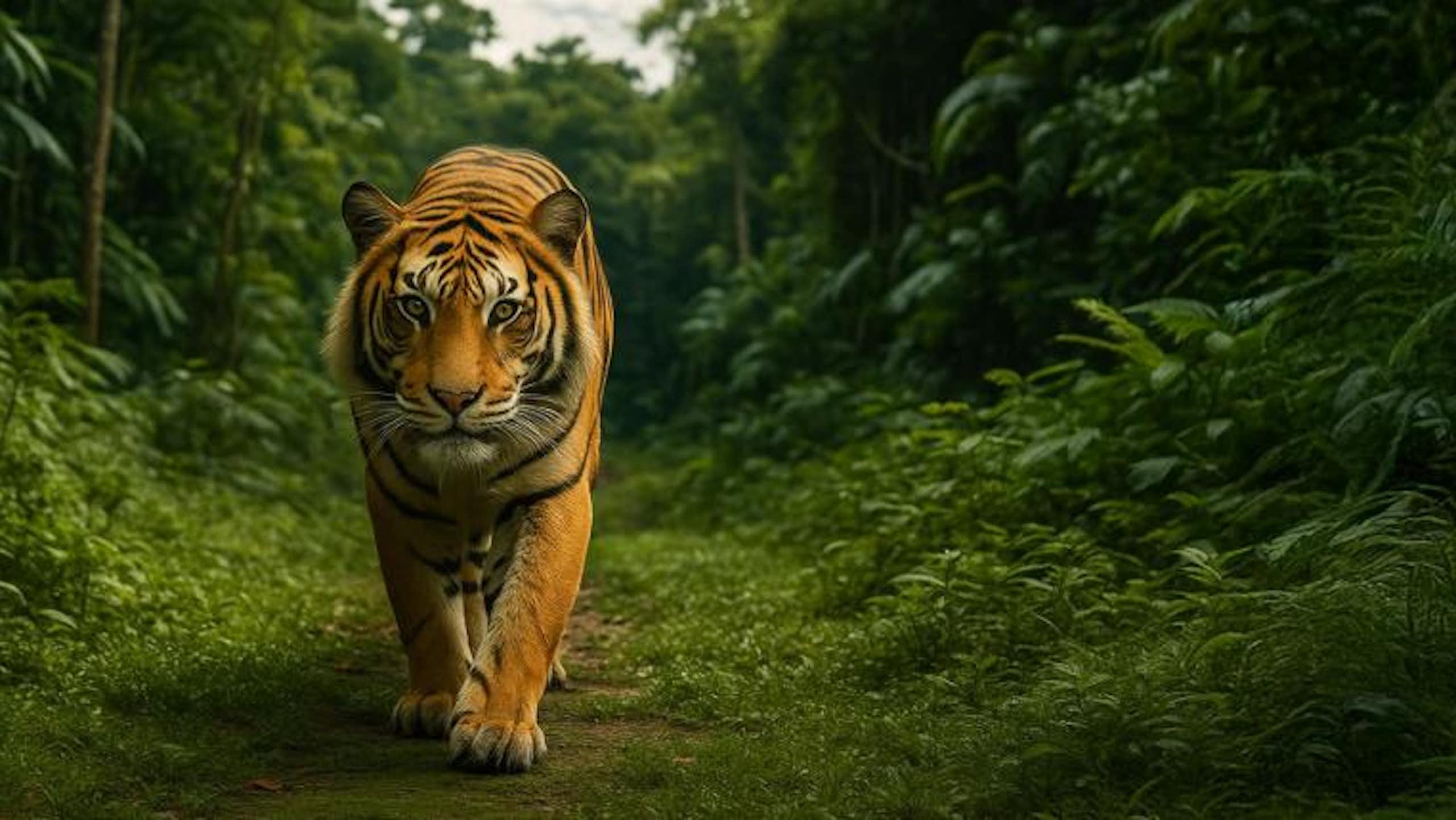 Image numérique d'un lion dans la jungle, qui s'approche de l'objectif.