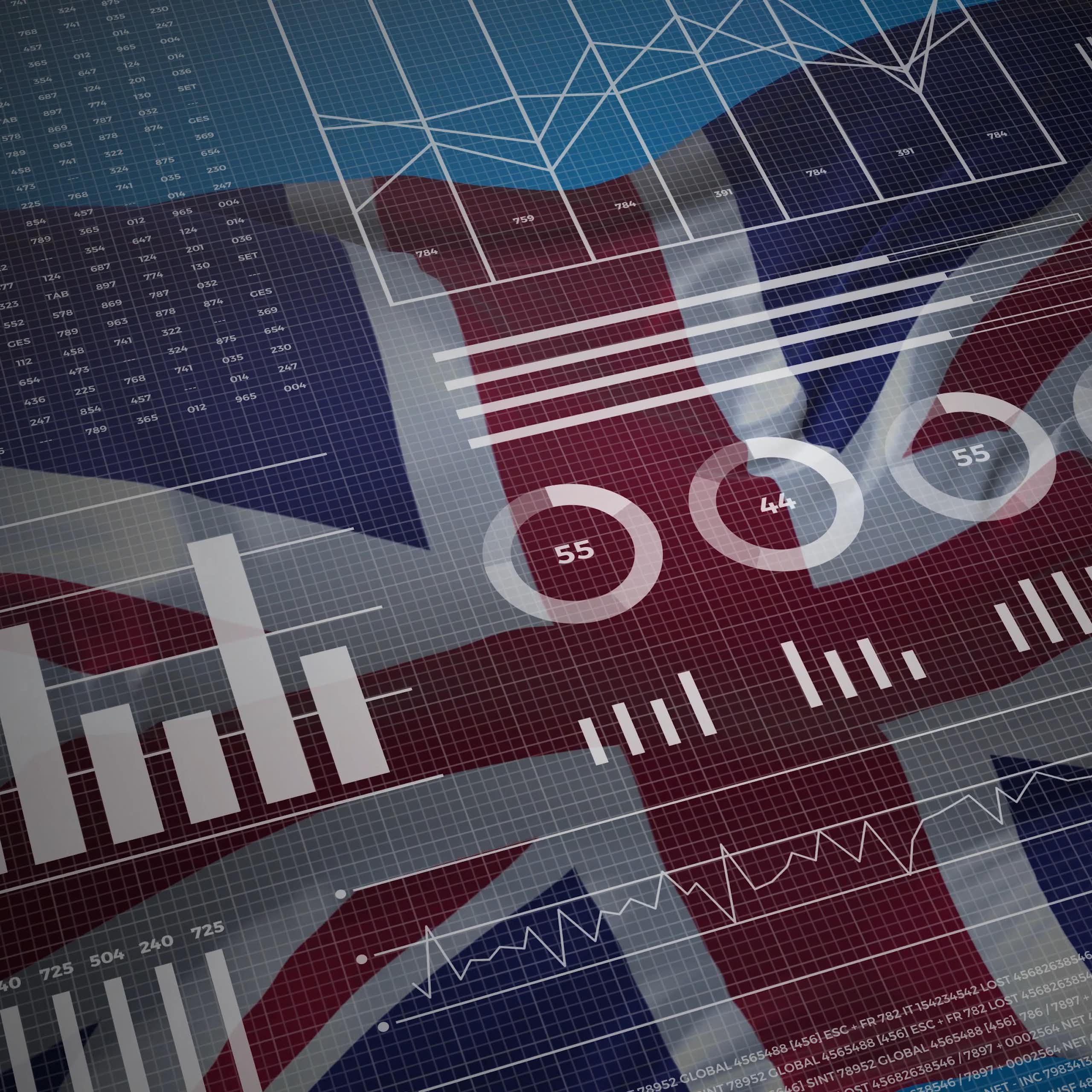 Charts and graphics over UK flag backdrop.