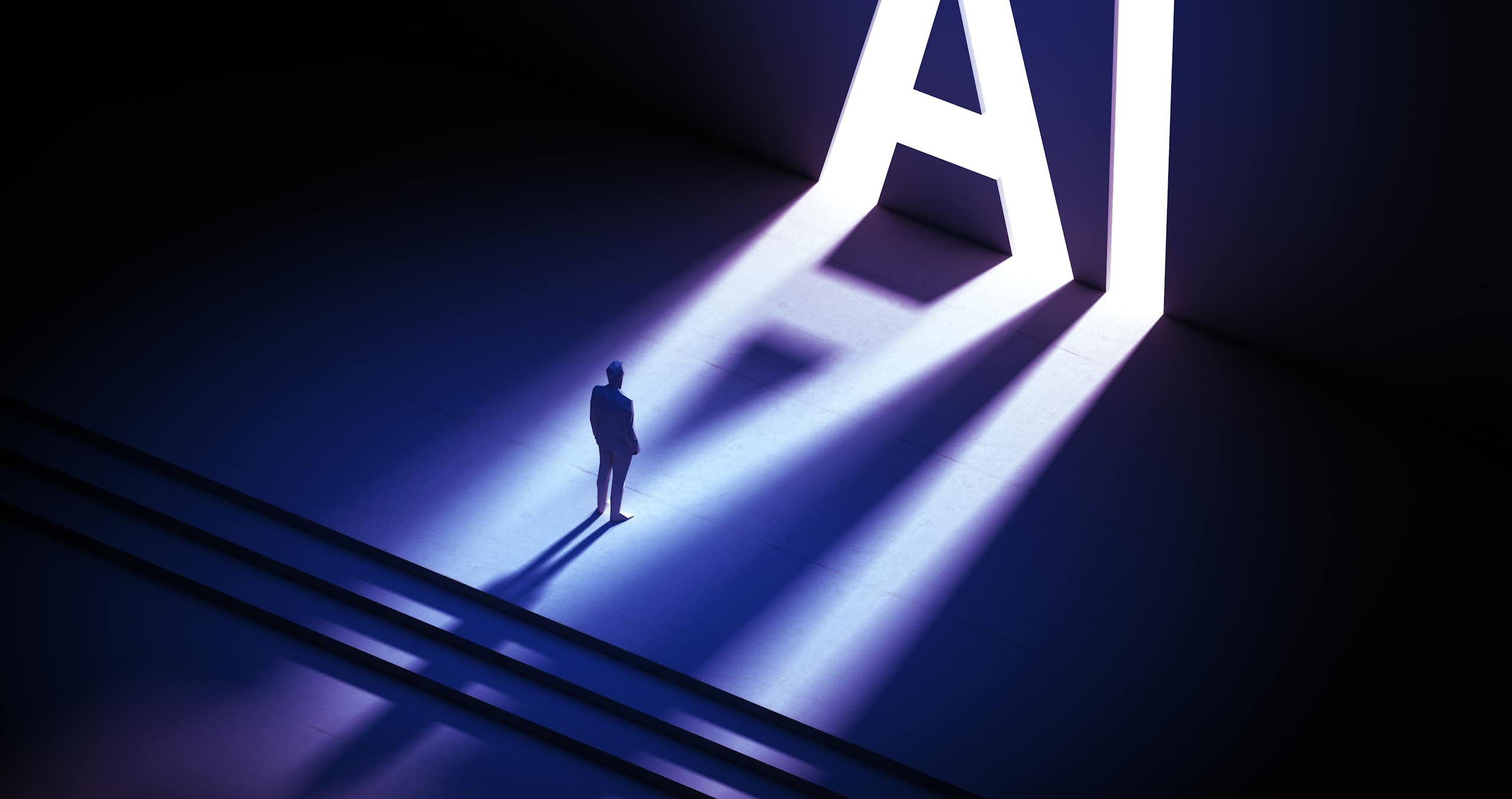 A silhouette of a man standing before two large, bright letters: 'A' and 'I.'