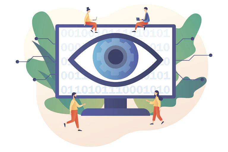 illustration of an artificial eye filling a giant computer monitor as four tiny human workers sit on or walk by it