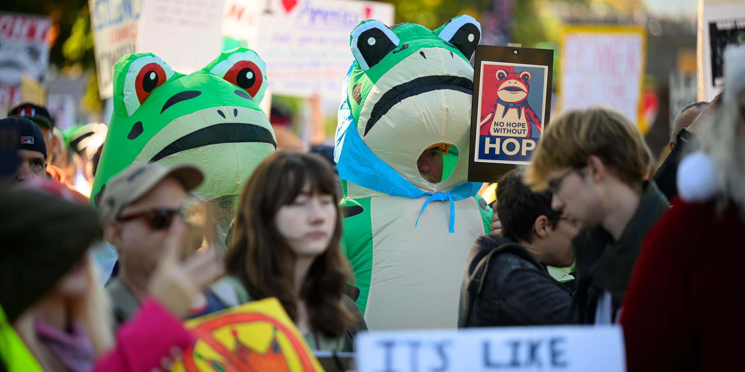 Protesters wearing frog costumes in a crowd of people.