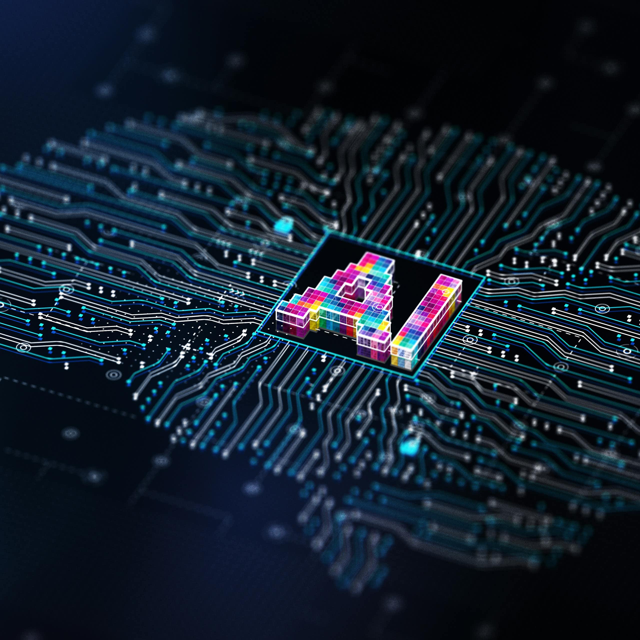 A graphic of a brain in the shape and pattern of a computer motherboard with the word AI in the centre