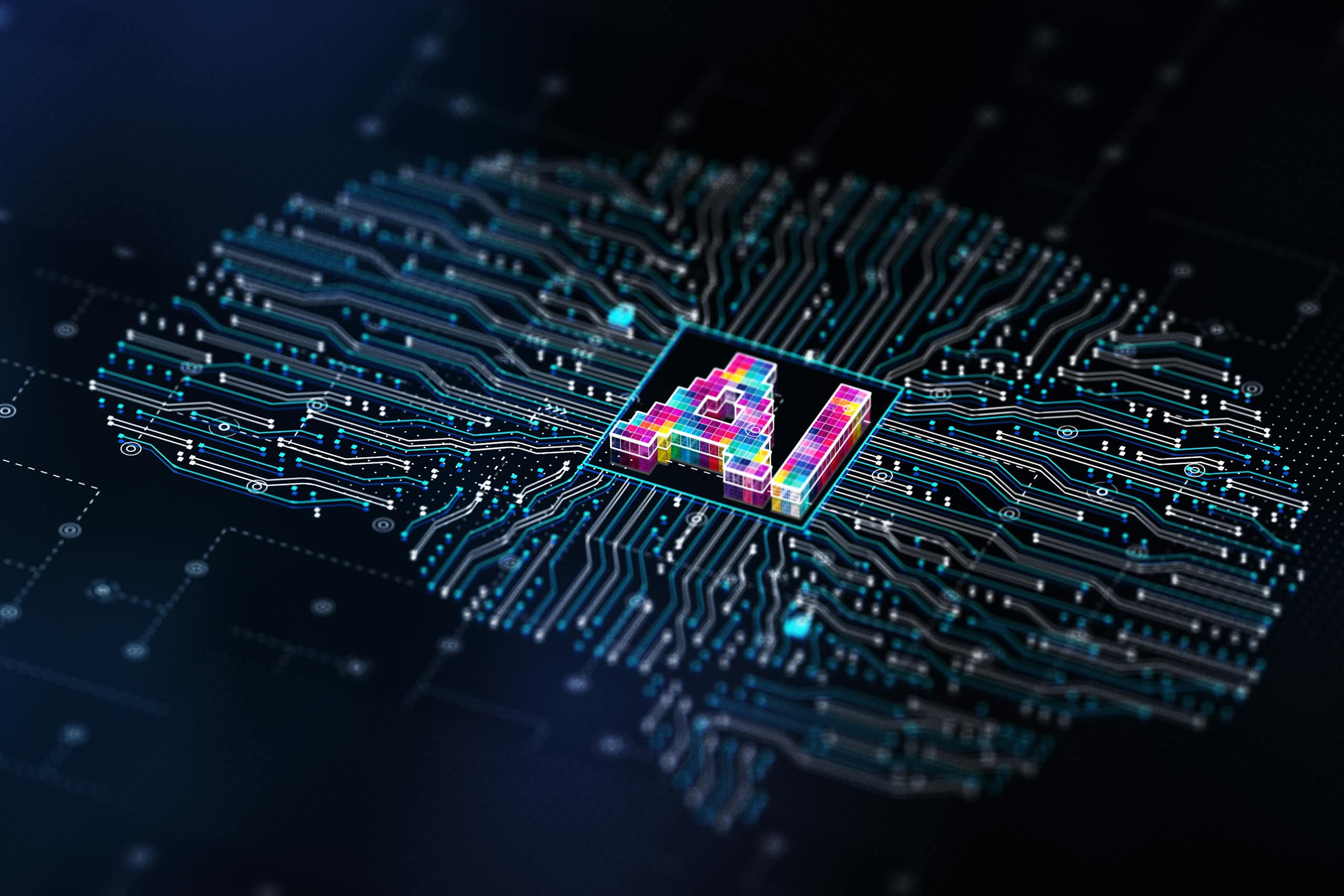 A graphic of a brain in the shape and pattern of a computer motherboard with the word AI in the centre
