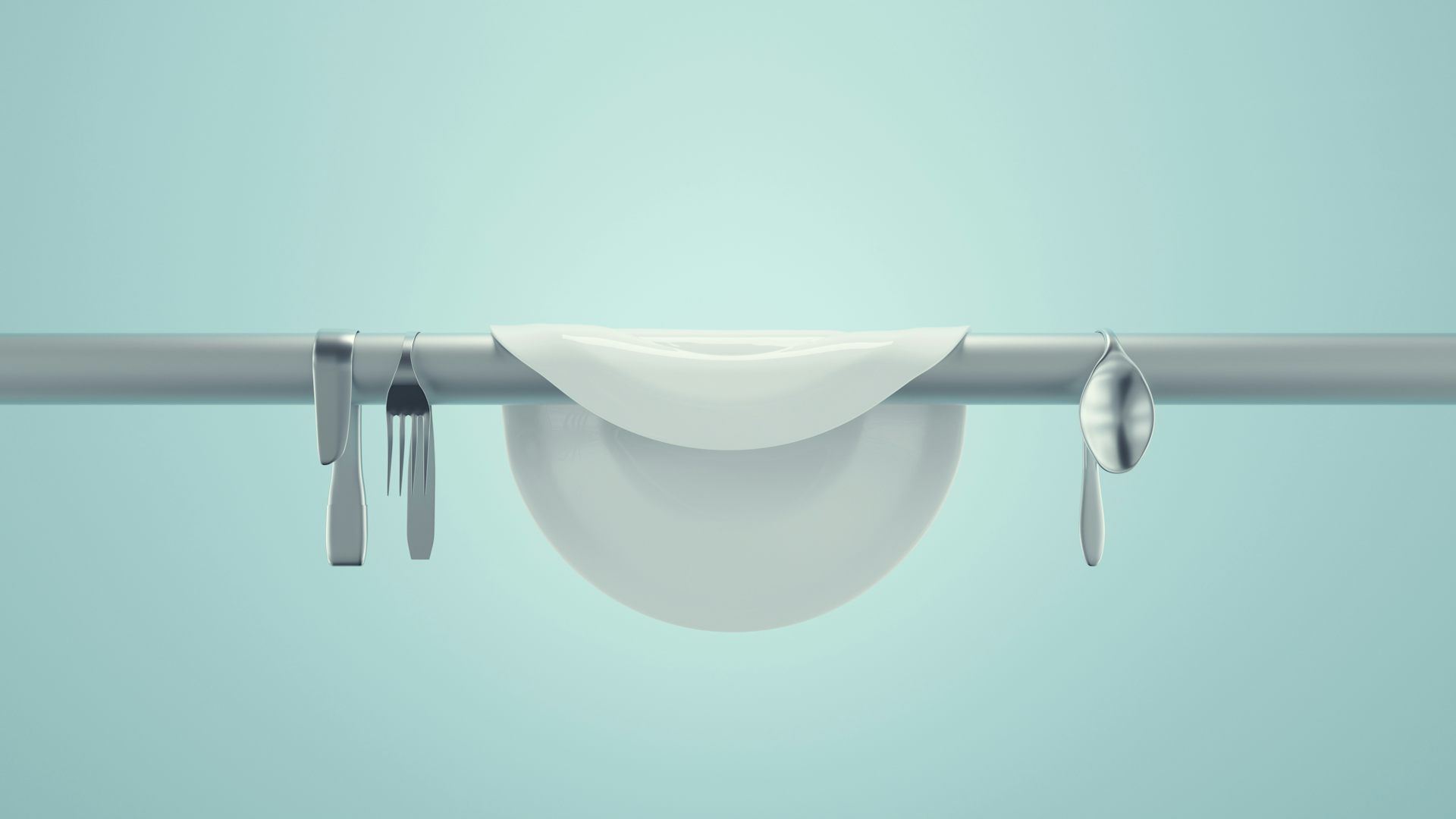 Image stylisée d'une assiette et de couverts suspendus au-dessus d'une barre