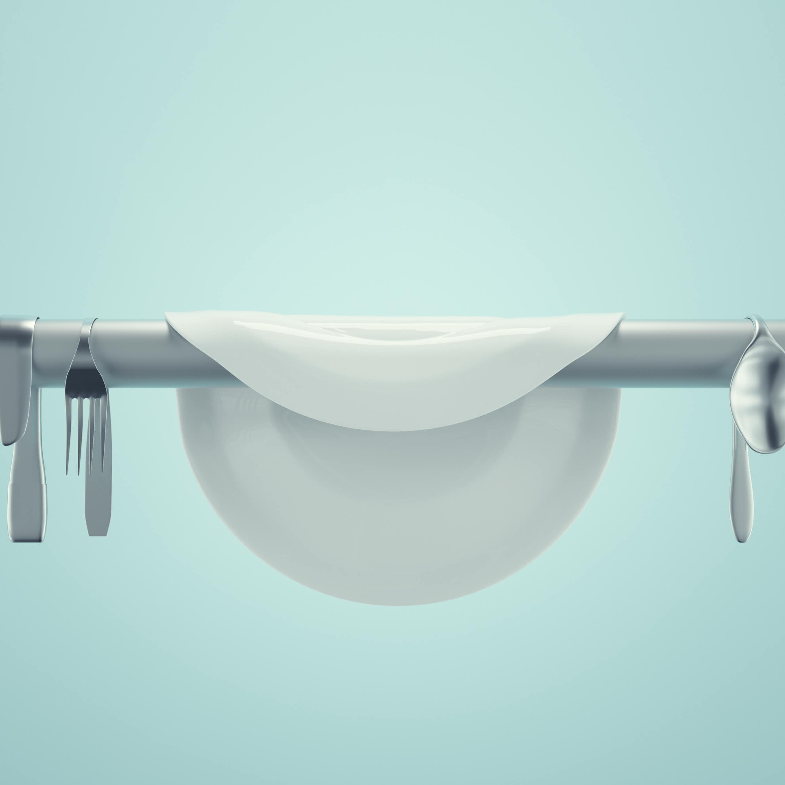 Image stylisée d'une assiette et de couverts suspendus au-dessus d'une barre