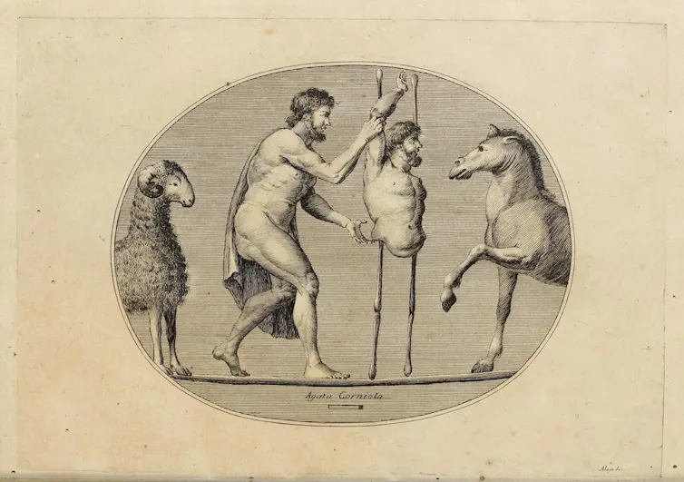 Prometheus manufacturing the first man, in an eighteenth-century engraving of an ancient gem in the Carafa Collection.