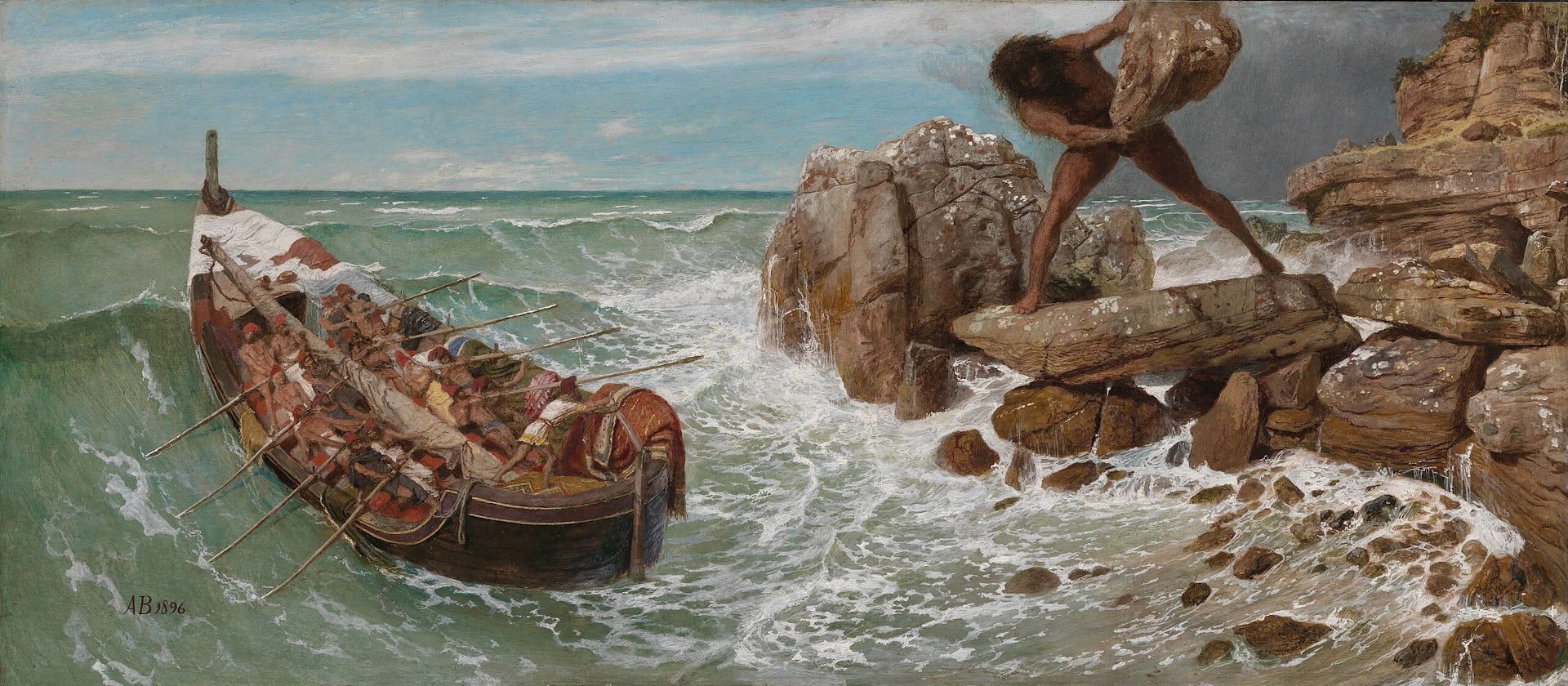 Painting of a cyclops throwing a huge rock at a boat