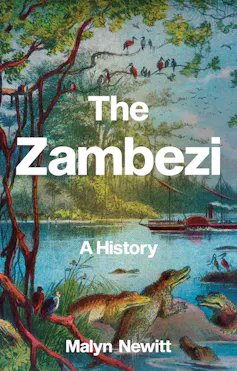 A book cover with a colourful old illustration of a river, crocodiles in the foreground and a boat passing, birds in the trees above them.