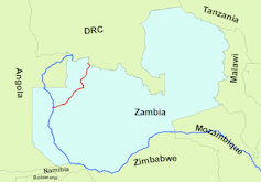 A map showing southern African countries witha blue line.
