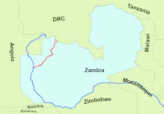 A map showing southern African countries witha blue line.