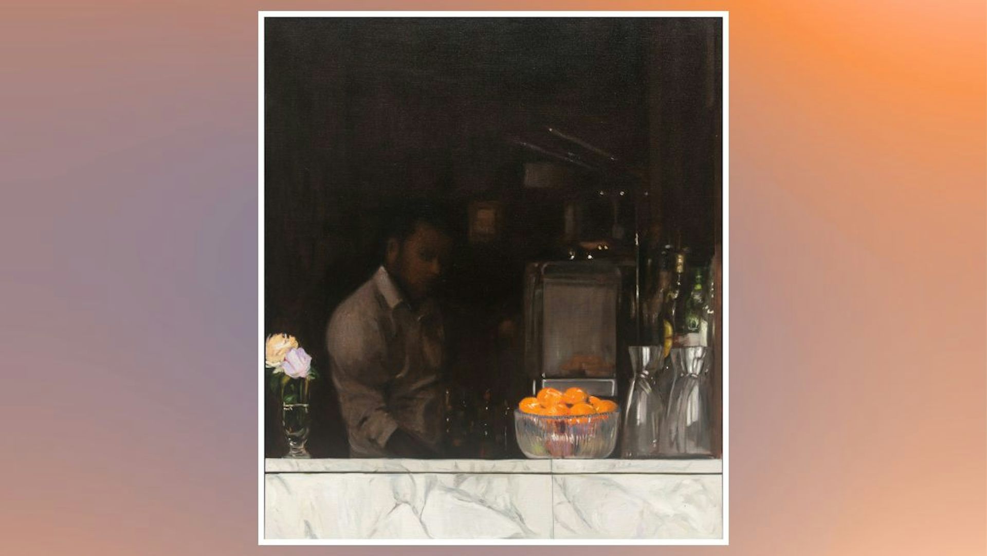 A painting of a man sitting in the dark behind a bar.