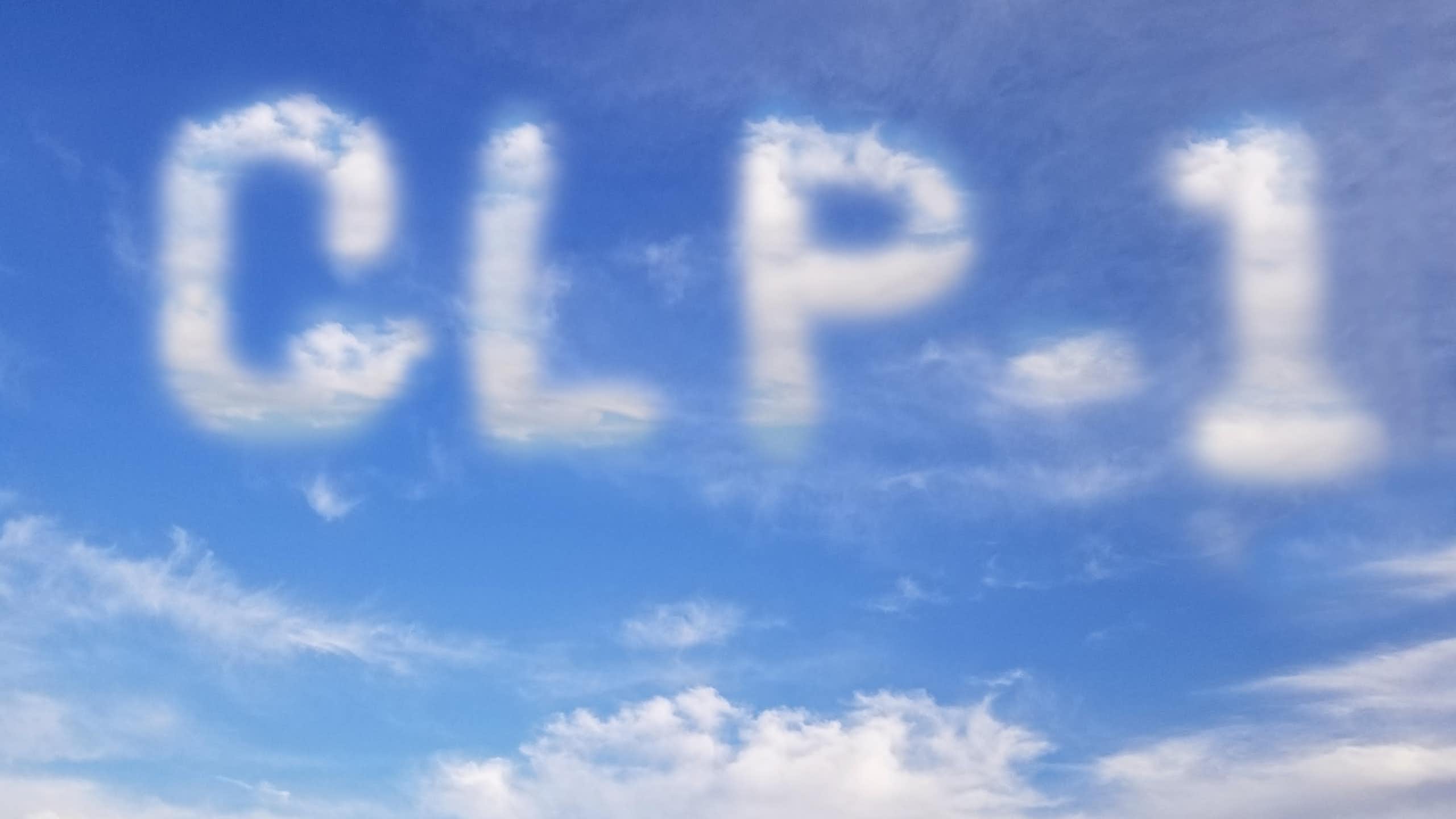 GLP-1 text spelled out in clouds in a blue sky