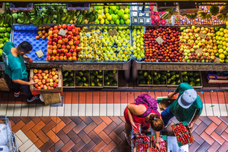 aerial view of colourful fruit market