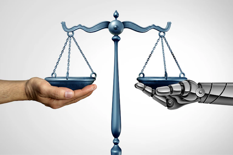 A human hand holds one side of a scale while the other is held by a robot hand.