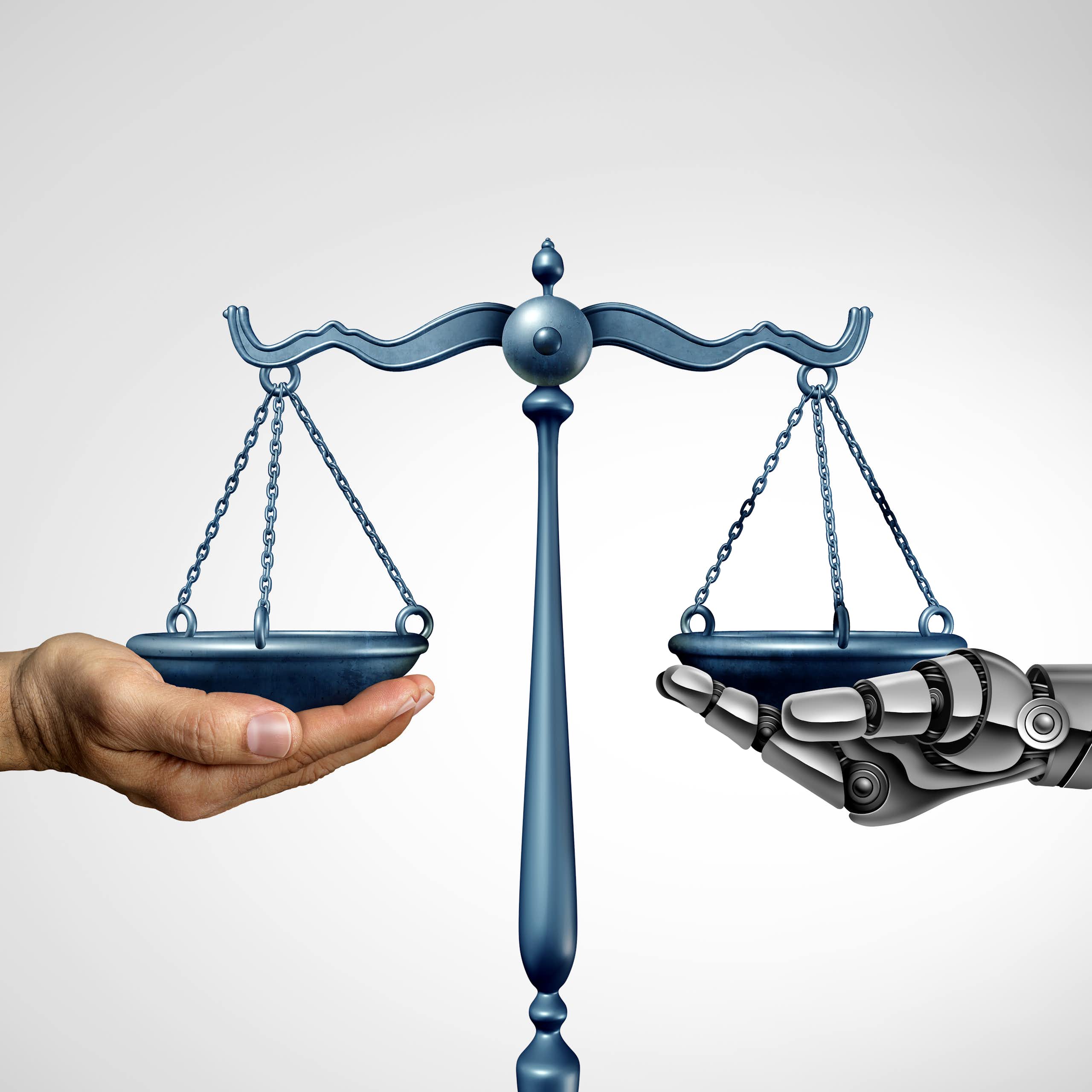 A human hand holds one side of a scale while the other is held by a robot hand.