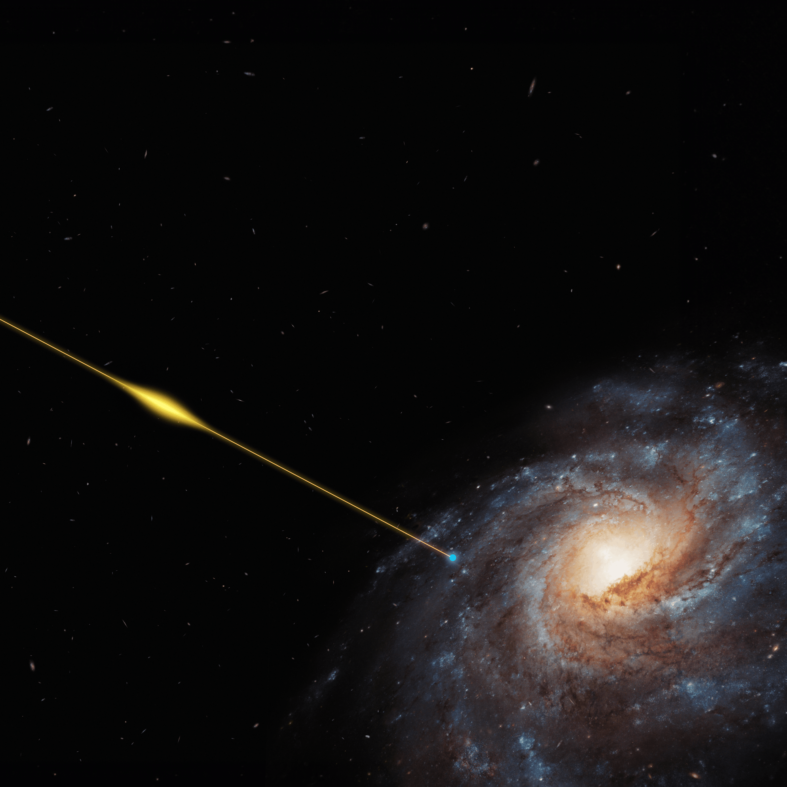 Two galaxies in space with a line drawn between them representing a fast radio burst.