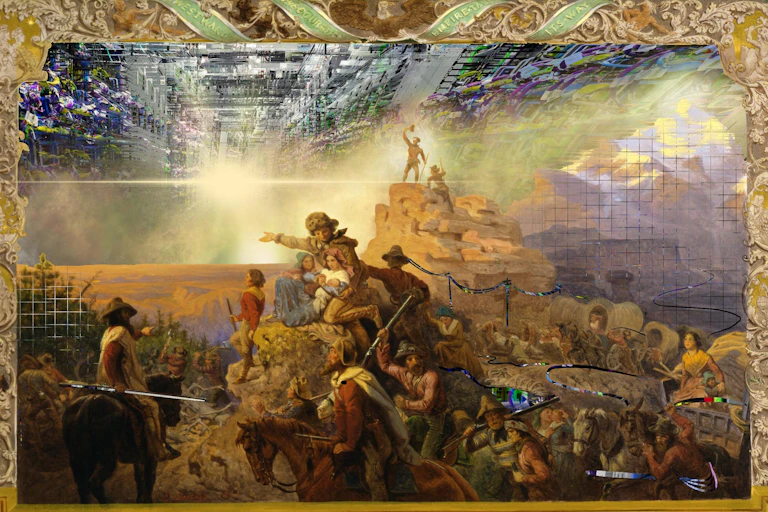 A digital collage merging an ornate historical painting of a pioneer scene with images of data and wires.