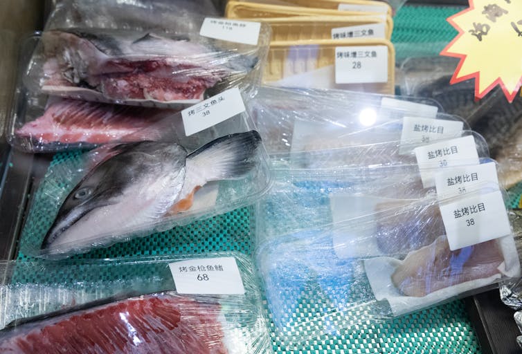 Seafood on display at a store selling Japanese food products in Beijing.