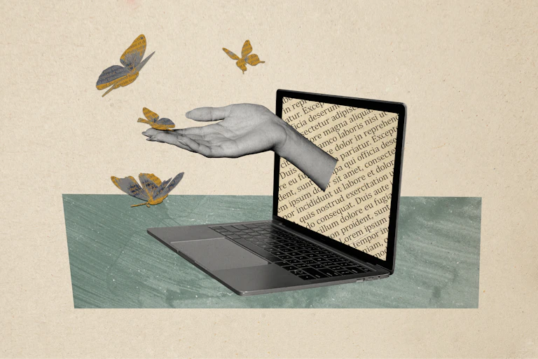 Collage image showing laptop with text on screen and hand reaching out of it to touch butterflies with text on them