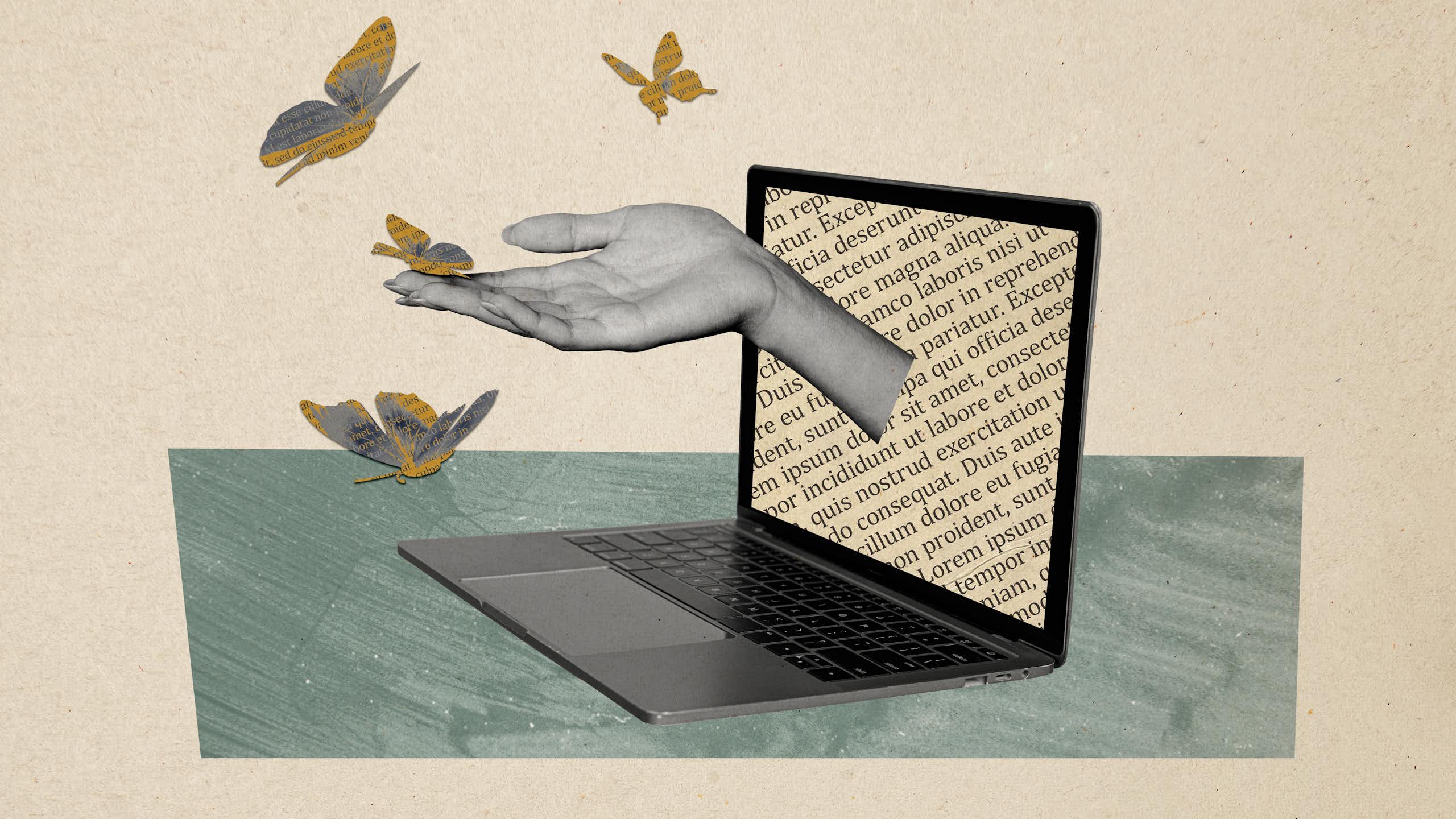 Collage image showing laptop with text on screen and hand reaching out of it to touch butterflies with text on them