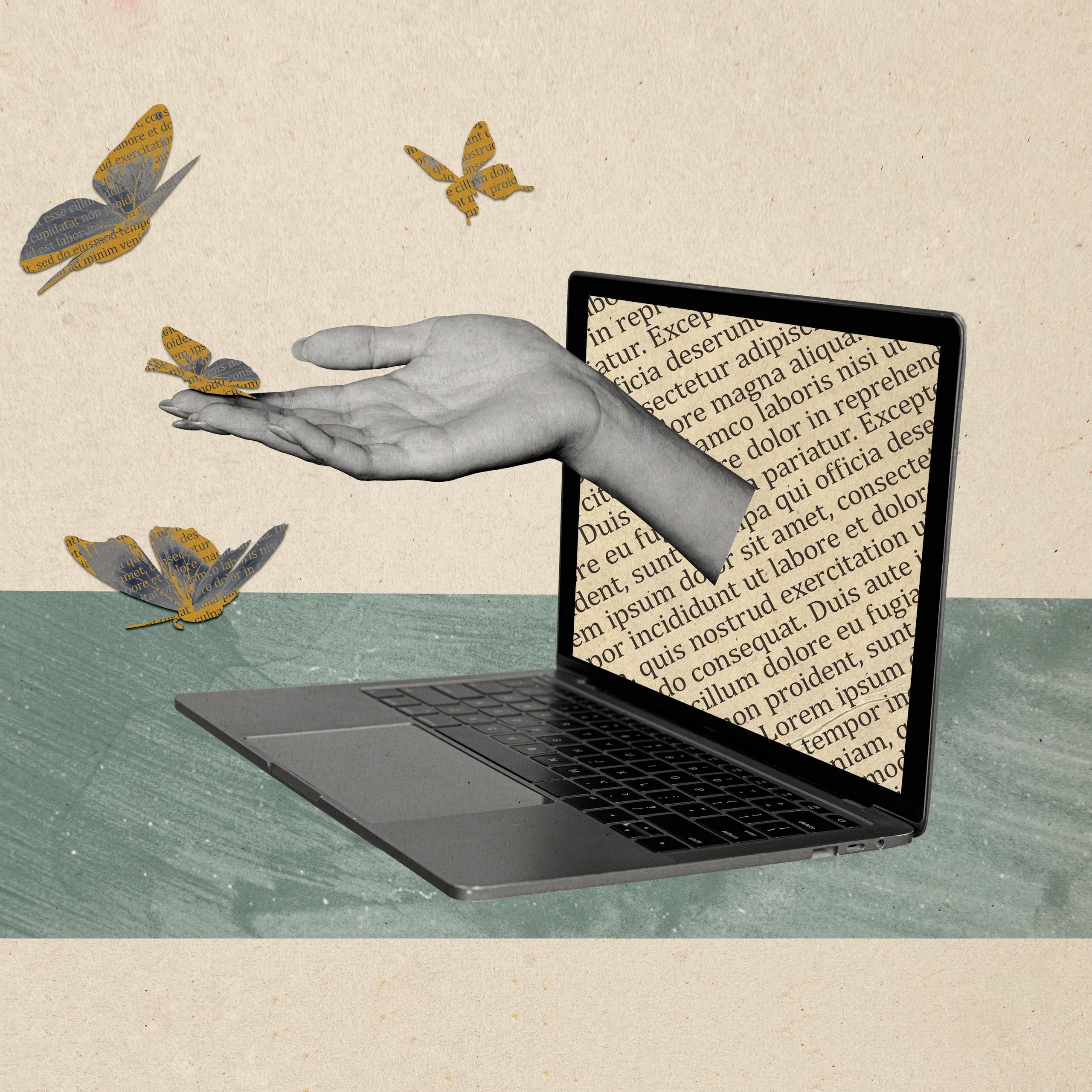 Collage image showing laptop with text on screen and hand reaching out of it to touch butterflies with text on them
