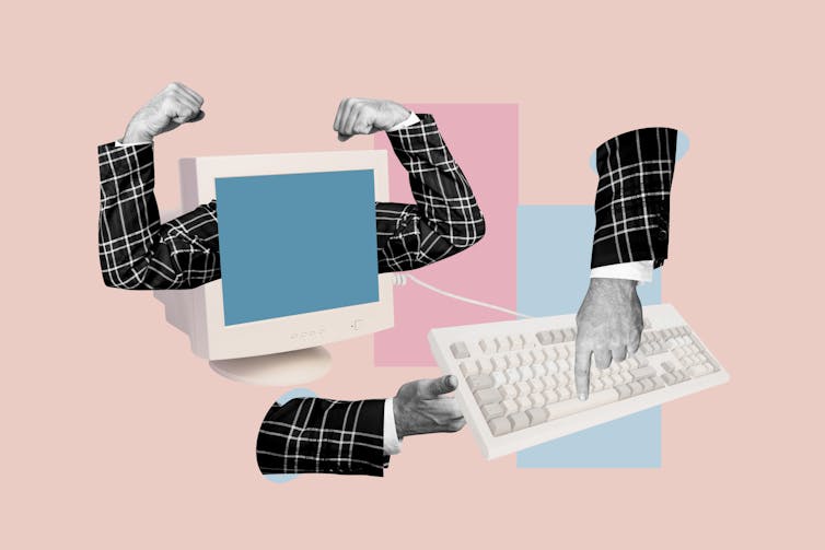 Arms coming out of old computer monitor and hands typing on keyboard.