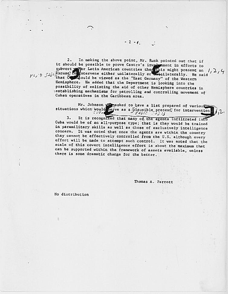 A page of minutes from a meeting show that Robert F. Kennedy's group asked a State Department staffer 'to have a list prepared of various situations which would serve as a plausible pretext for intervention.'