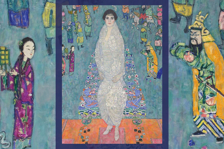 Portrait of a woman surrounded by blue and a crowd of people