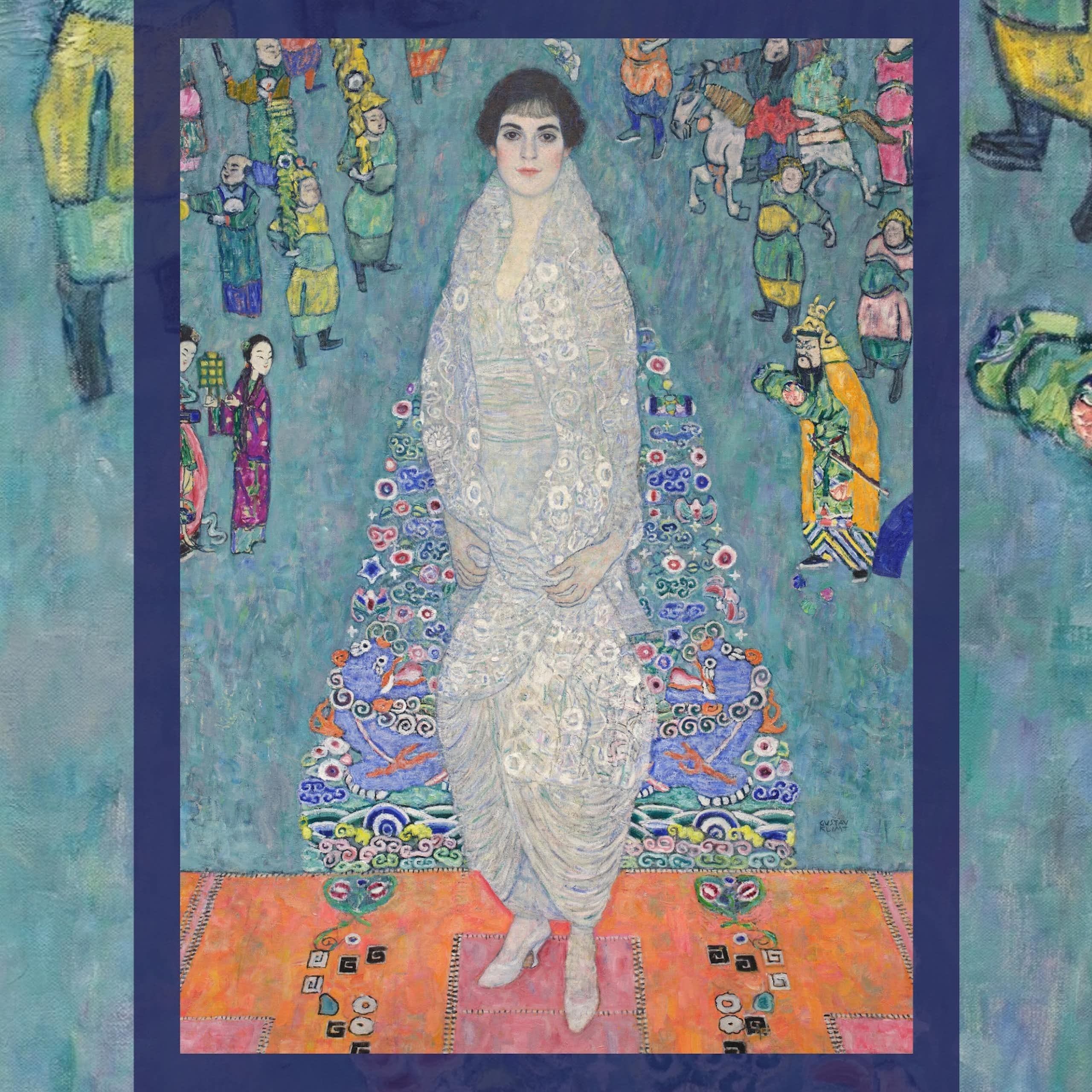 Portrait of a woman surrounded by blue and a crowd of people