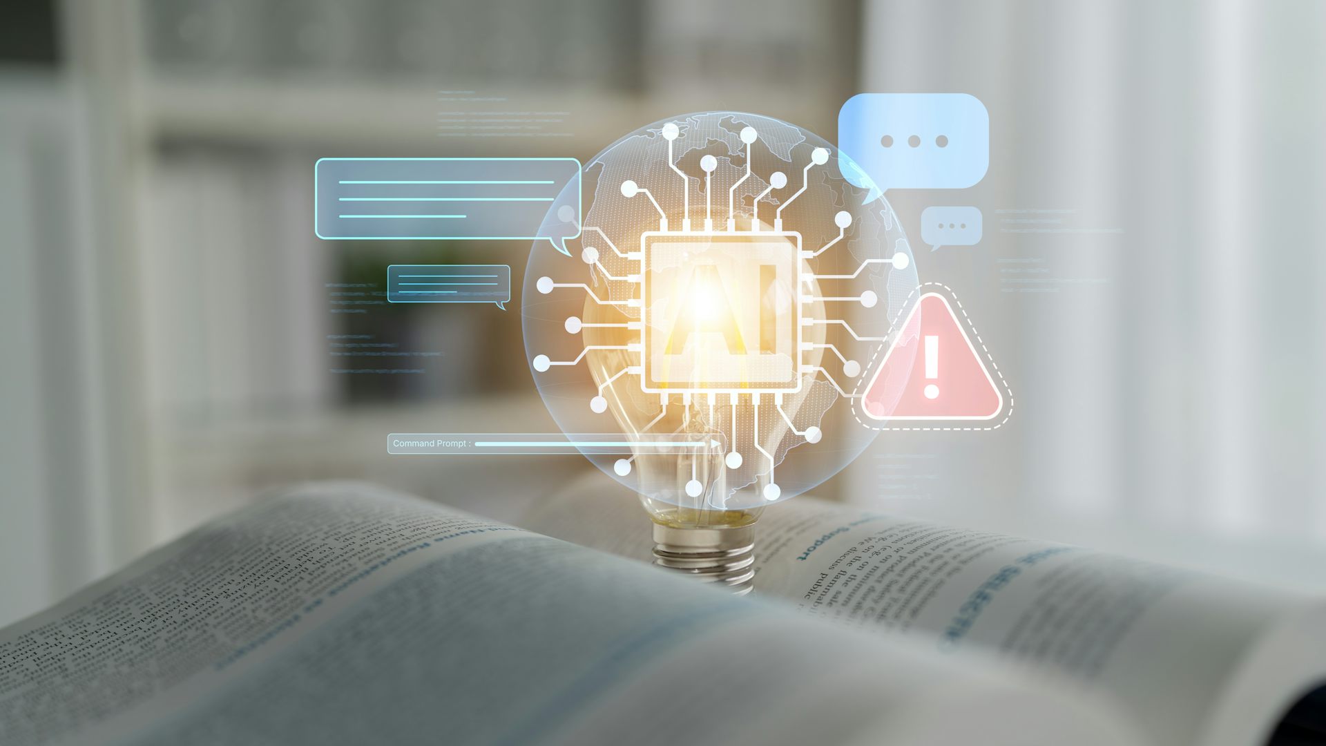 Una bombilla sale de un libro con mensaje de alarma.