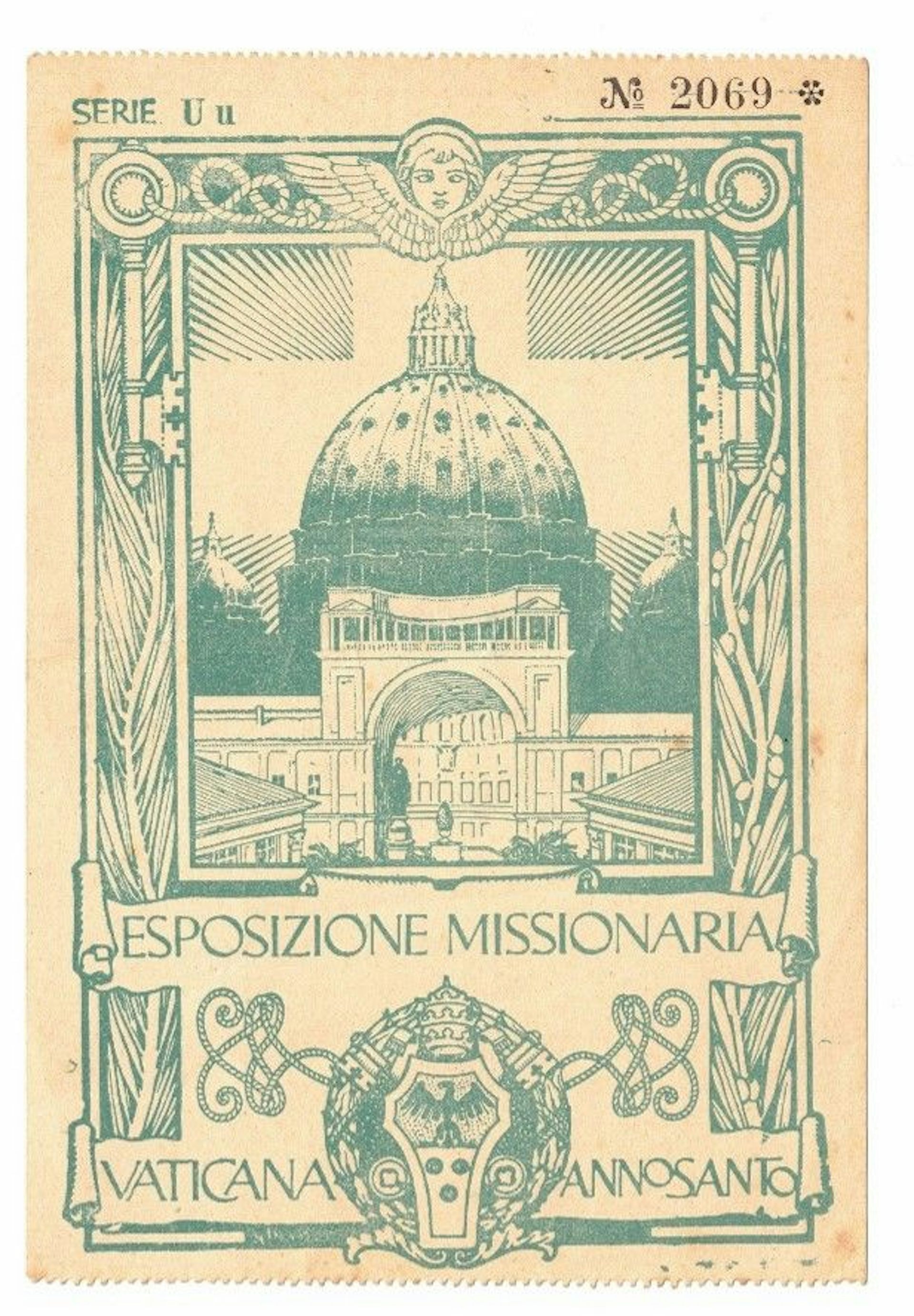 Tablón rectangular con el dibujo de un edificio con cúpula y un escudo de armas.