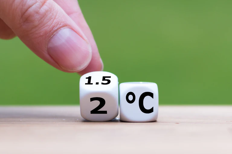 Dice saying 1.5°C and 2°C