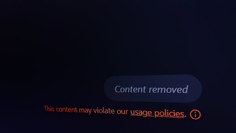 screen showing 'content removed' message