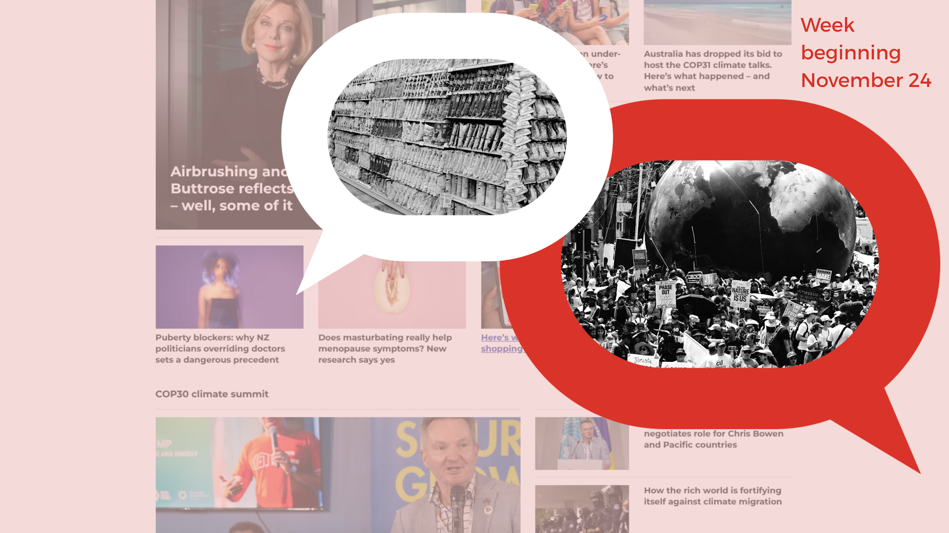 Compiled images: ultra processed foods and a protest scene at COP30.