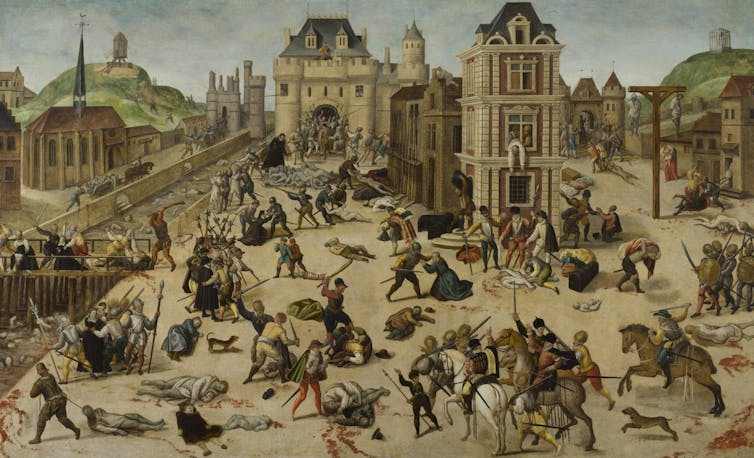 Why one Sixteenth-century theologian’s recommendation for a bitterly divided country holds true lately 1 A painting in faded colors shows a plaza in a medieval city, with scenes of people slaughtering each other and throwing bodies in a river.